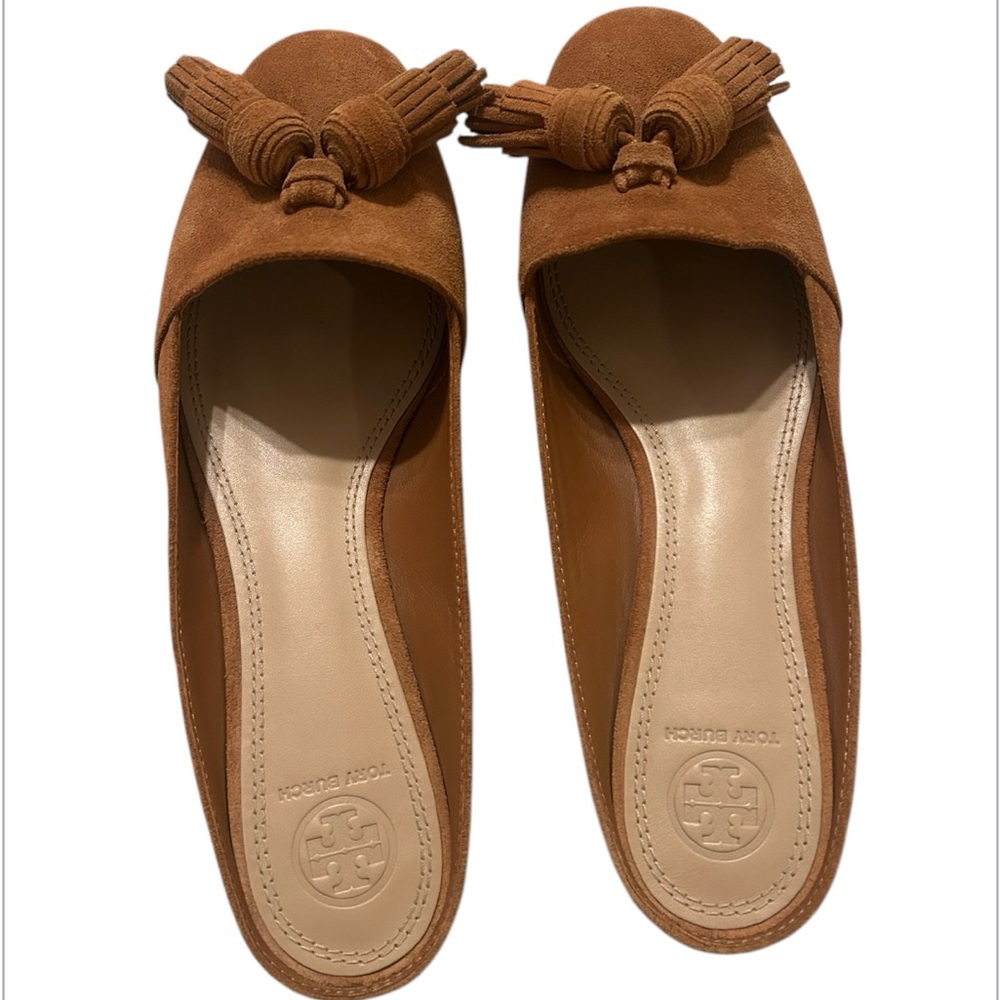 Tory Burch suede tassel mules.